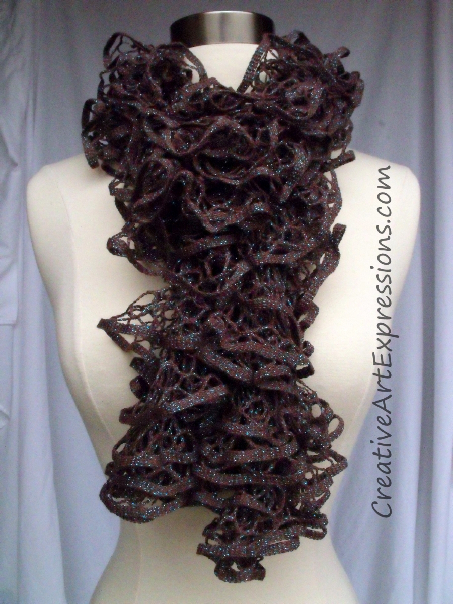 Creative Art Expressions Hand Knit Brown & Turquoise Glam Ruffle Scarf