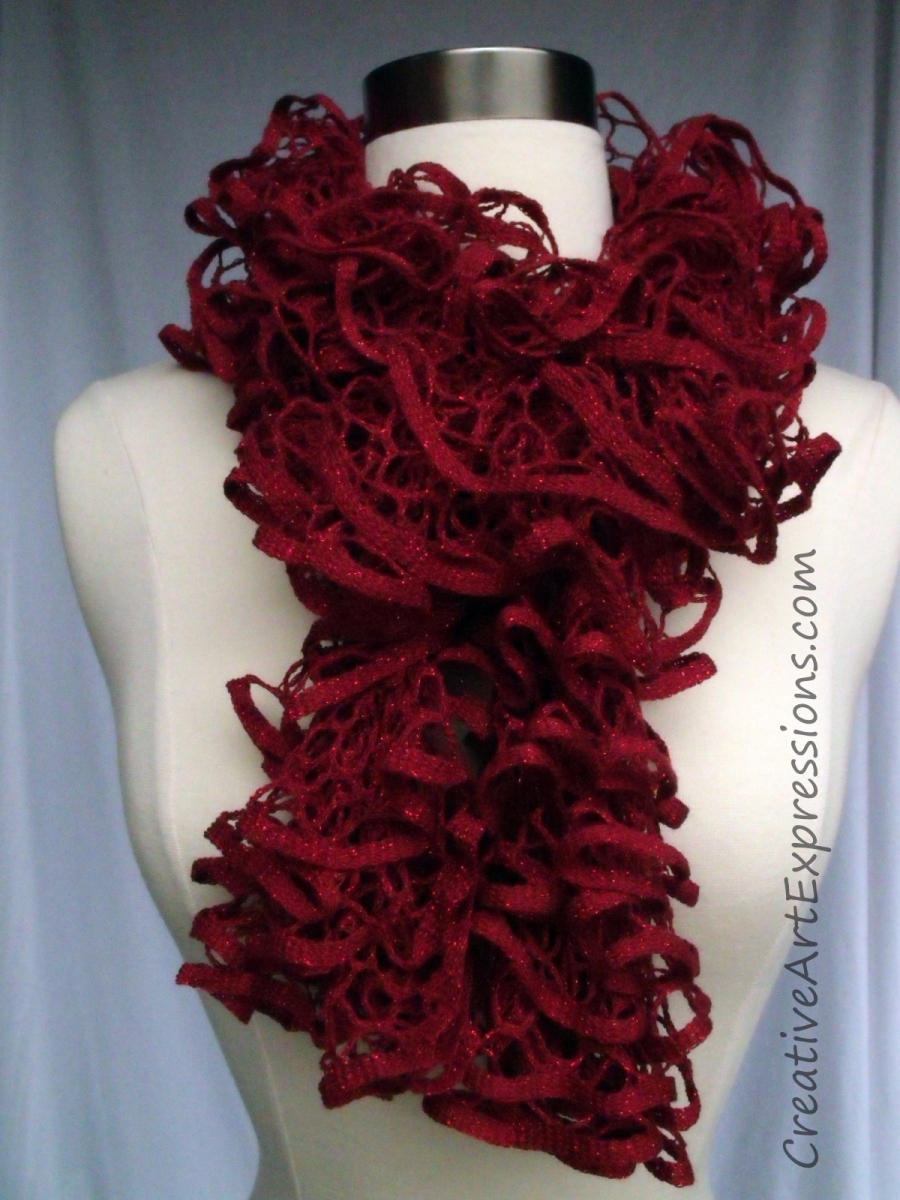 Creative Art Expressions Hand Knit Ruby Red Glam Ruffle Scarf
