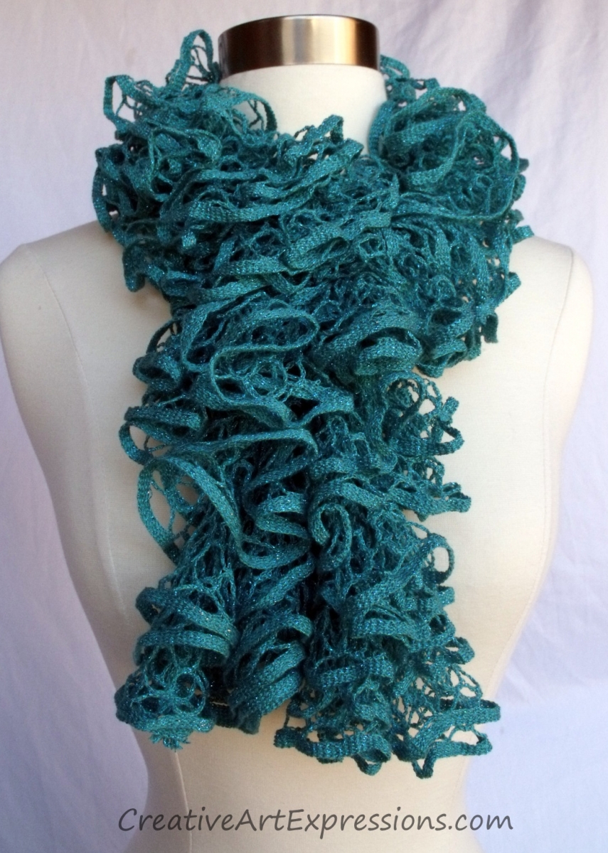 Creative Art Expressions Hand Knit Turquoise Glam Ruffle Scarf