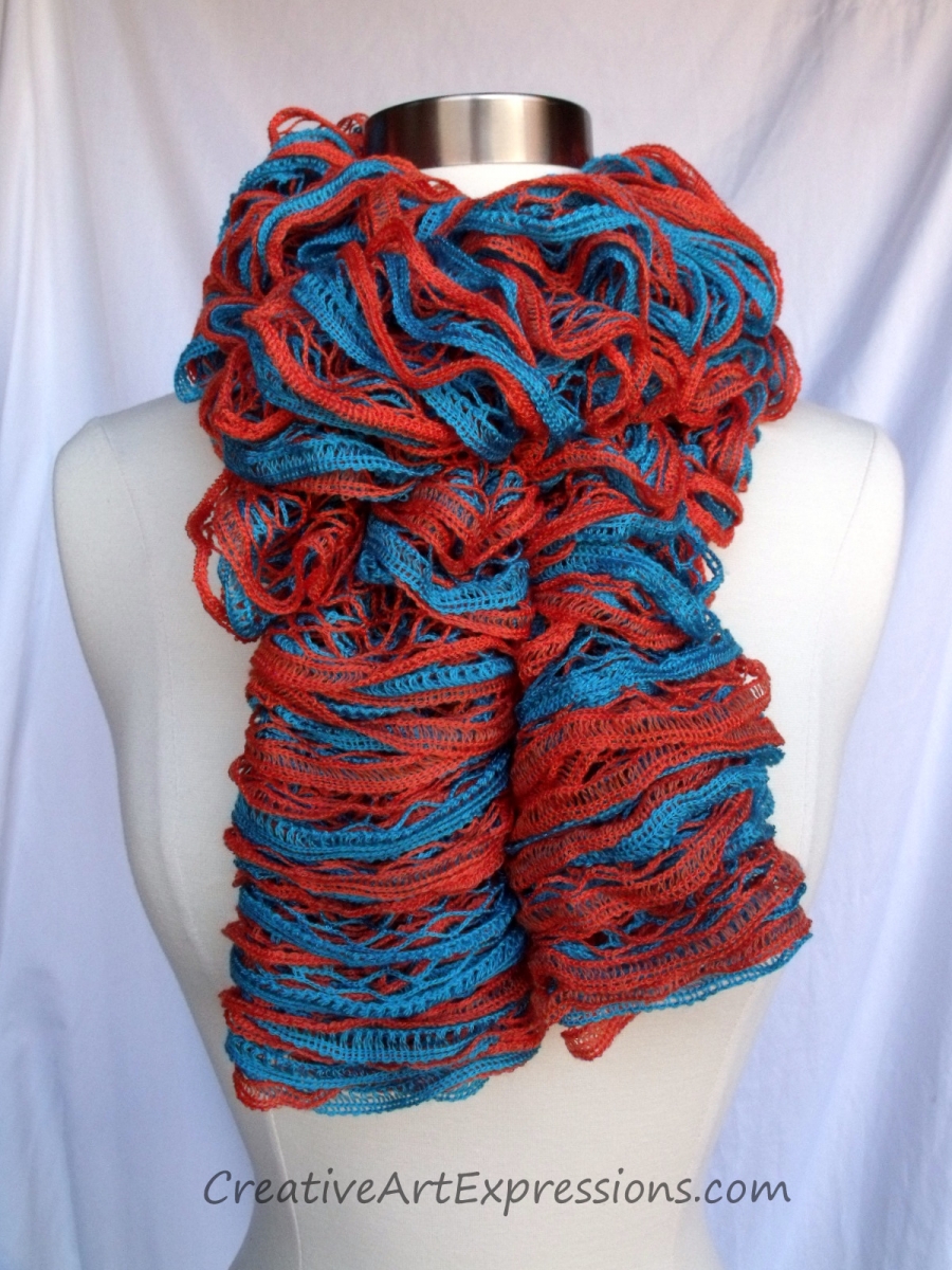 Creative Art Expressions Hand Knitted Electric Orange & Blue Ruffle Scarf 