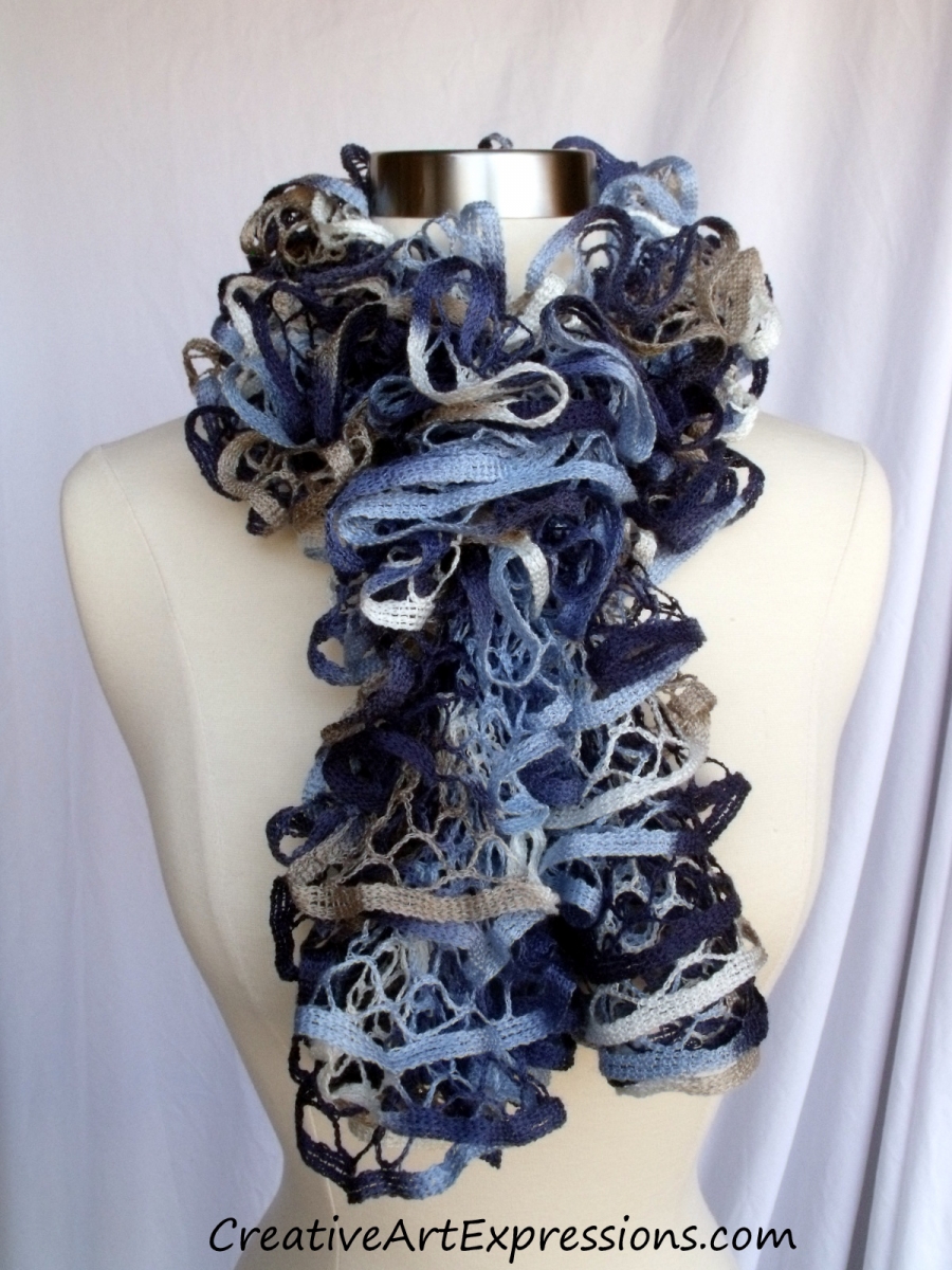 Creative Art Expressions Hand Knitted Faded Jeans Ruffle Scarf