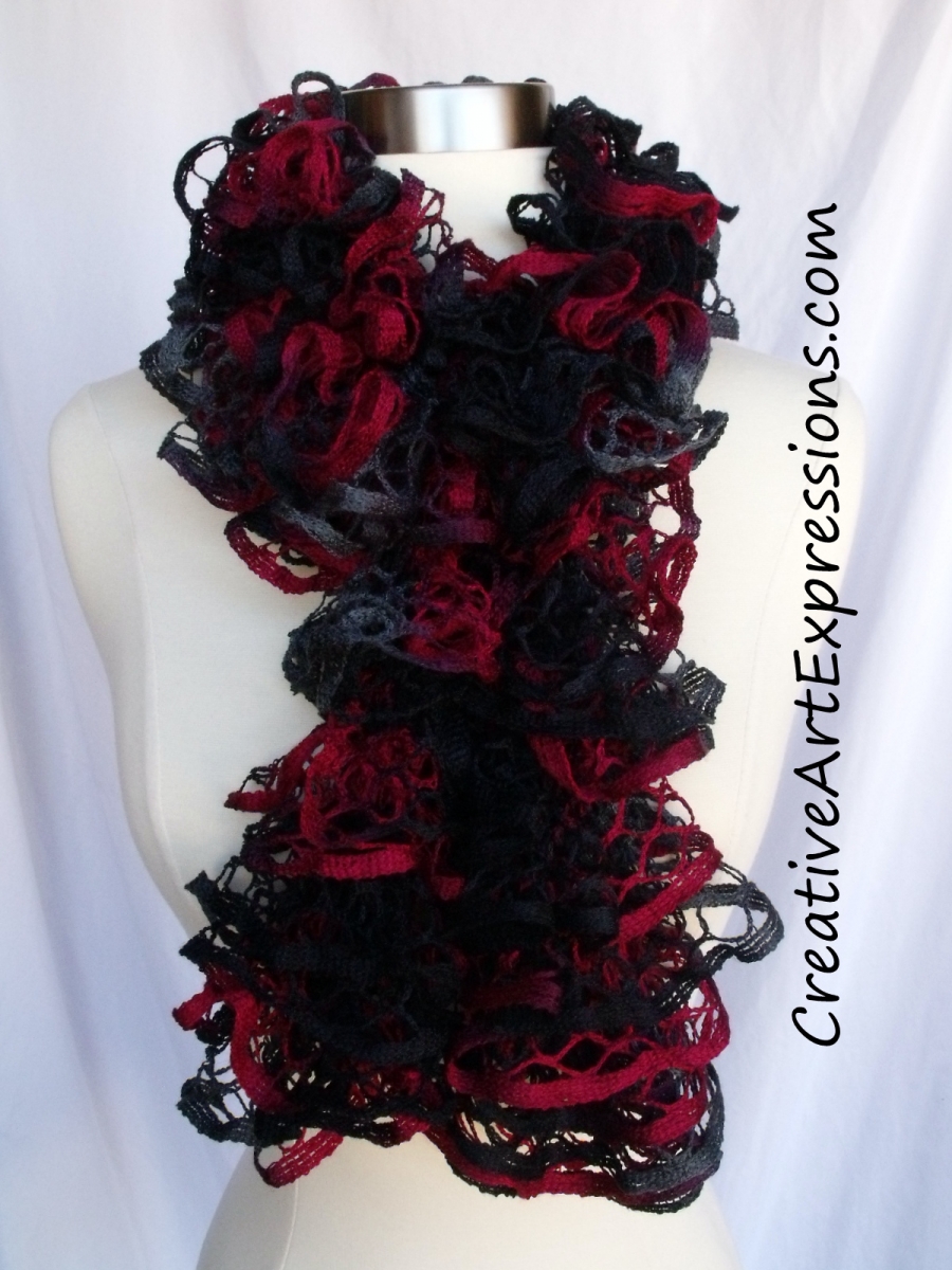 Creative Art Expressions Hand Knitted Red Black & Gray Ruffle Scarf