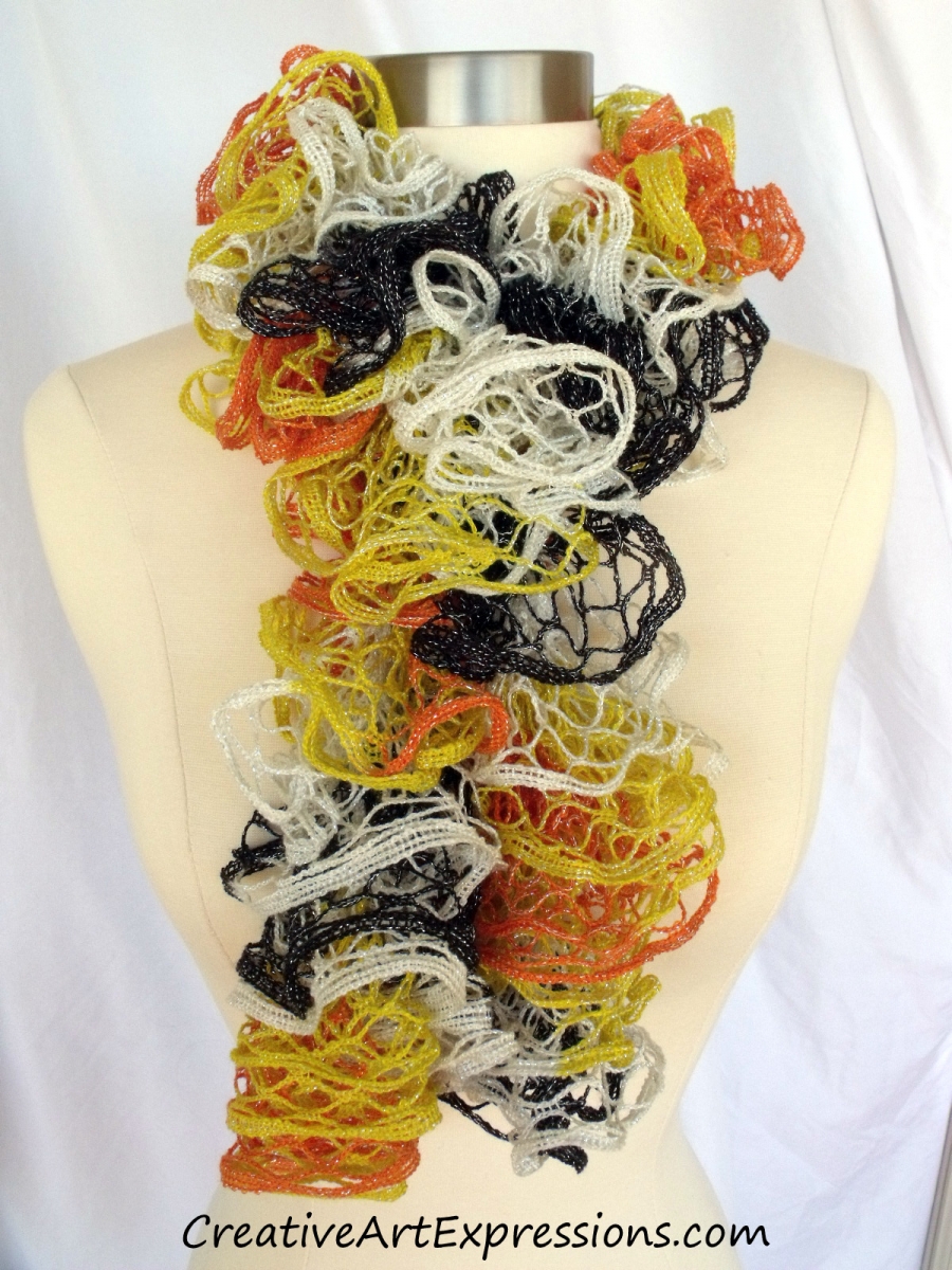 Creative Art Expressions Hand Knitted Orange Black White Yellow Candycorn Halloween Ruffle Scarf