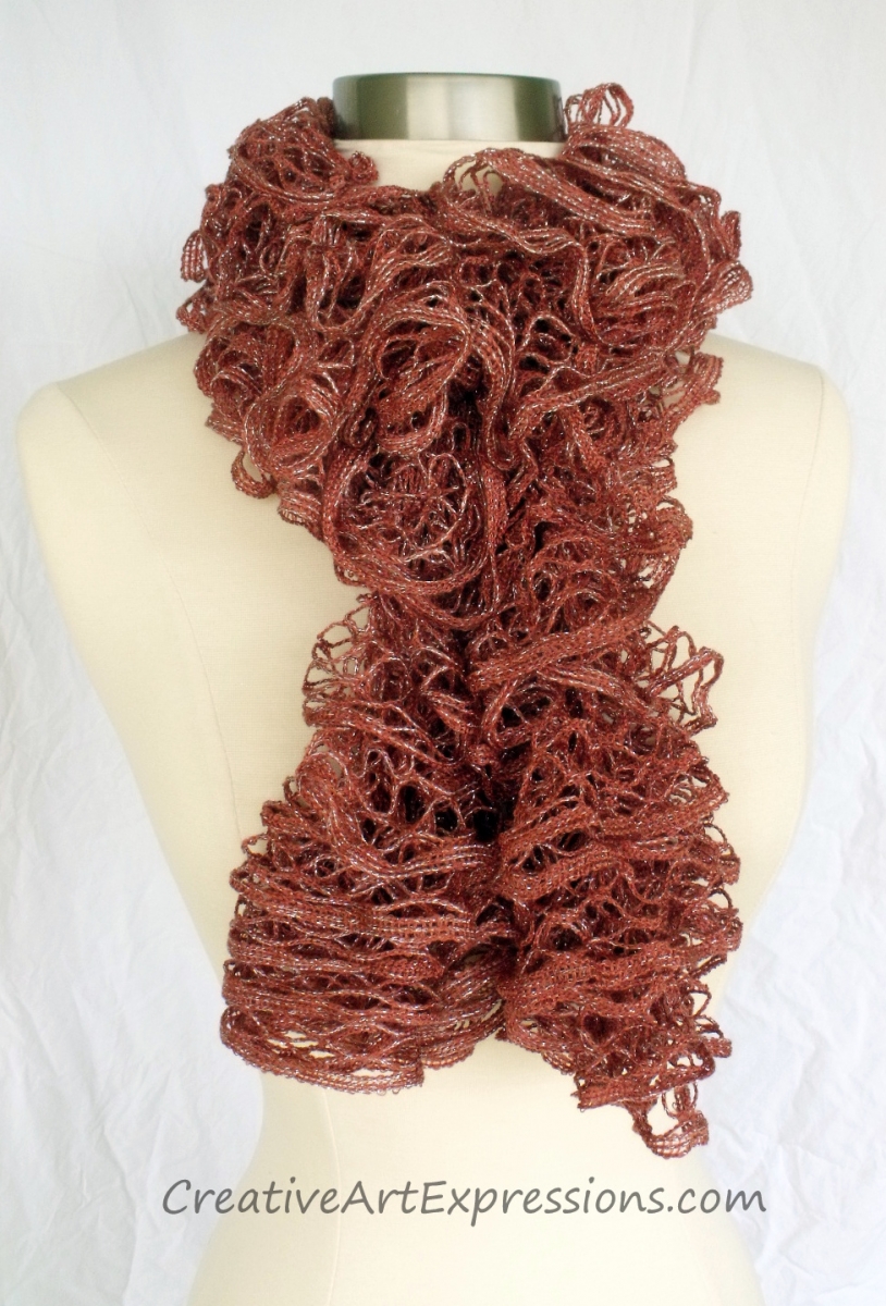 Creative Art Expressions Hand Knitted Cinnamon Metallic Frill Ruffle Scarf