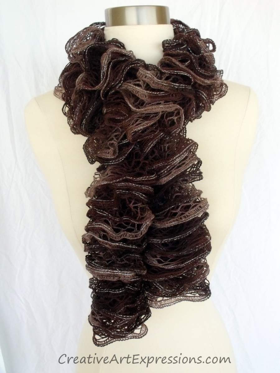 Creative Art Expressions Hand Knitted Shades of Brown Frill Ruffle Scarf