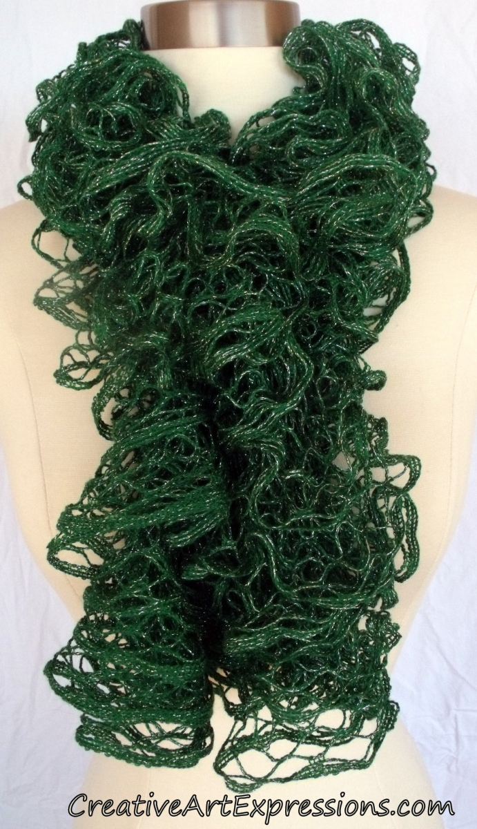 Creative Art Expressions Hand Knitted Green Christmas Ruffle Scarf