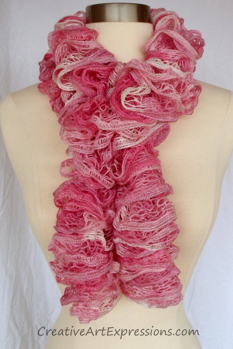 Creative Art Expressions Hand Knitted Pink and White Ruffle Scarf