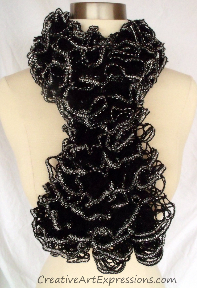 Creative Art Expressions Hand Knitted Black & Silver Ruffle Scarf