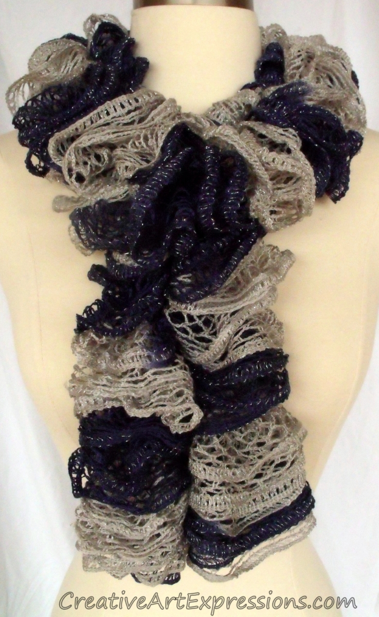 Creative Art Expressions Hand Knitted Navy Blue & Grey Ruffle Scarf