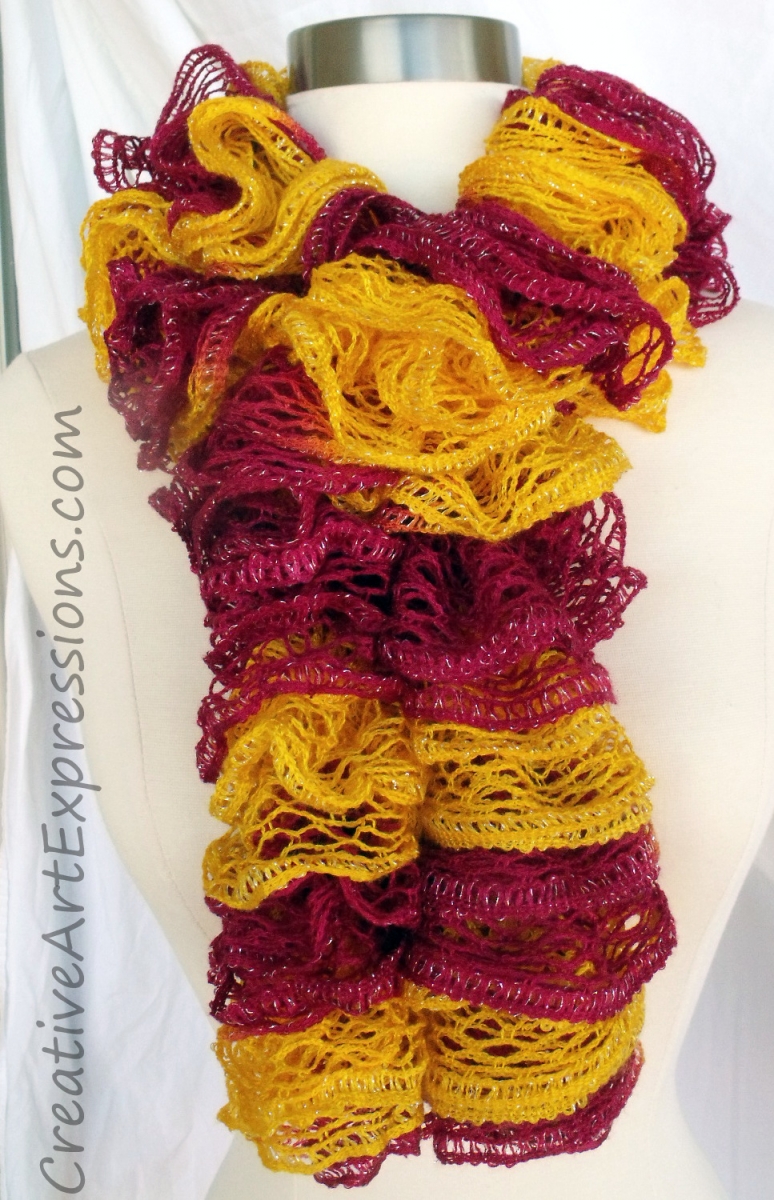 Creative Art Expressions Hand Knitted Gold & Burgandy Ruffle Scarf