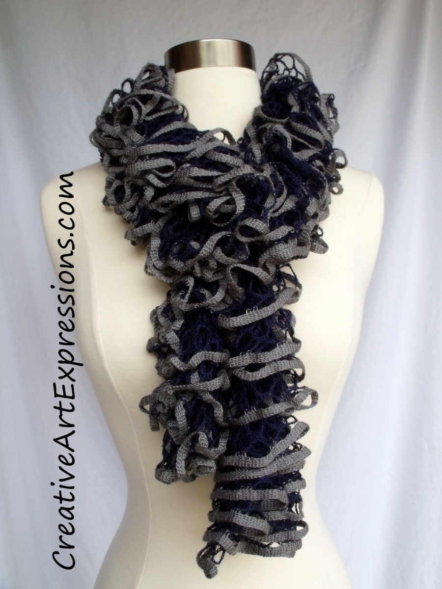 Creative Art Expressions Hand Knit Blue & Gray Ruffle Scarf