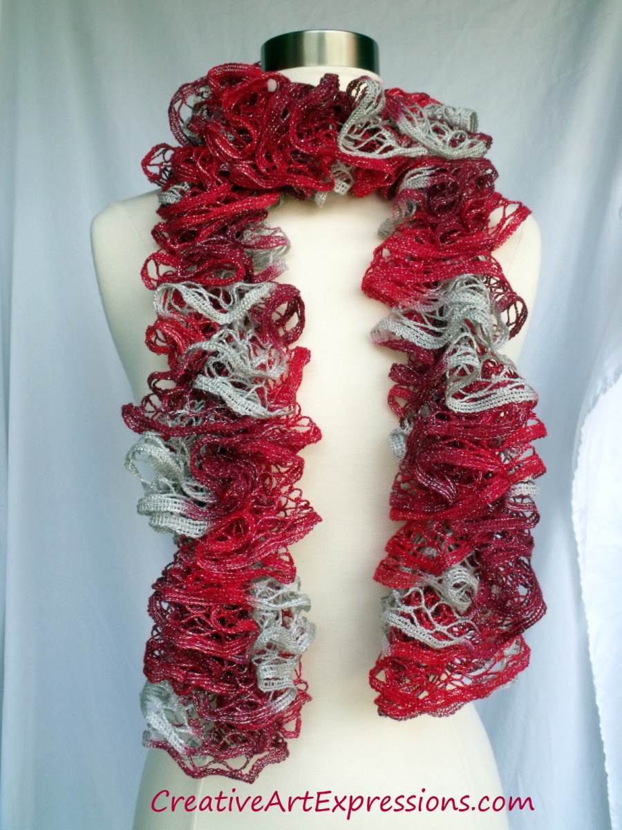 Creative Art Expressions Hand Knitted Crimson Christmas Ruffle Scarf