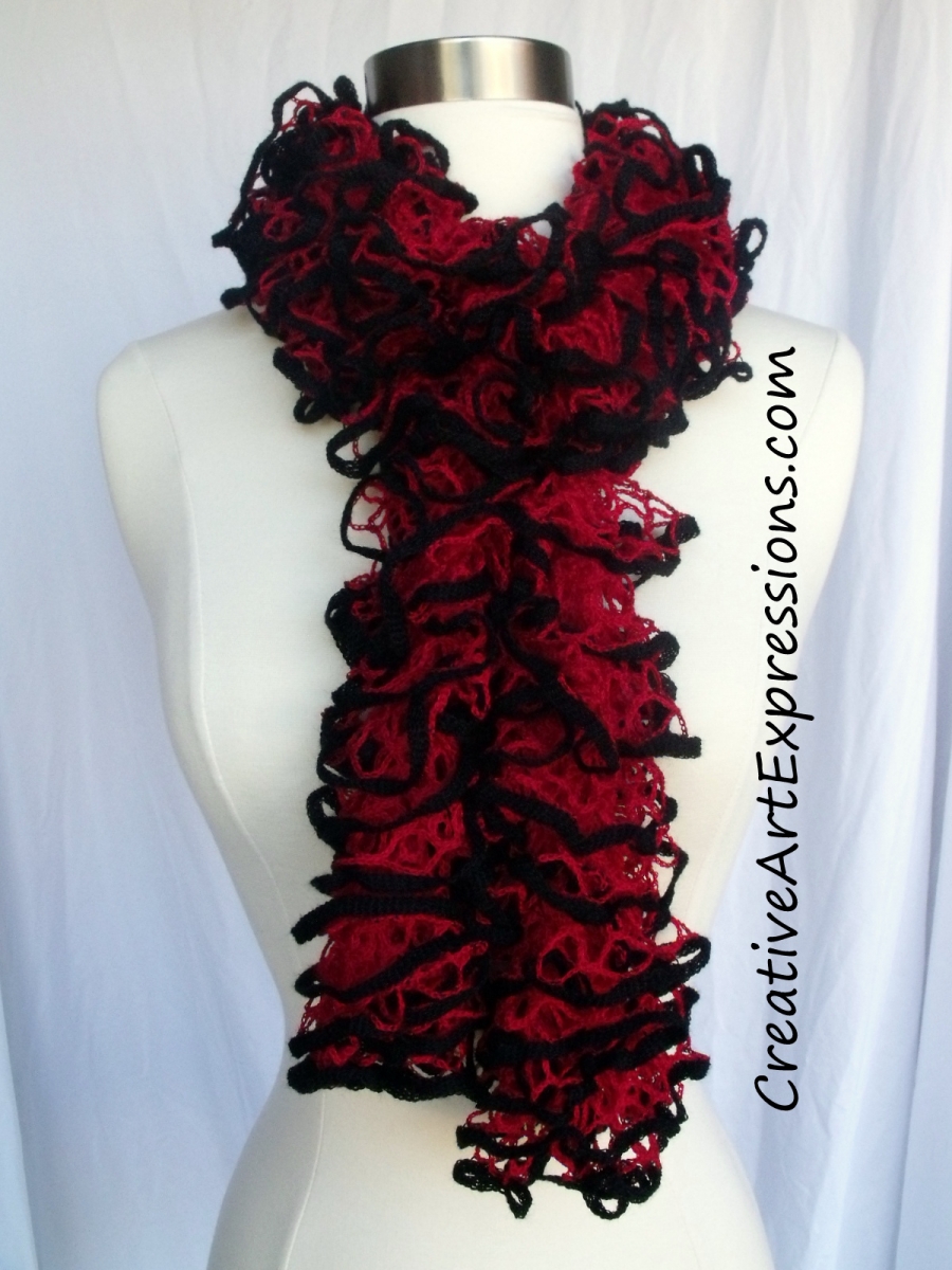 Creative Art Expressions Hand Knit Red & Black Ruffle Scarf