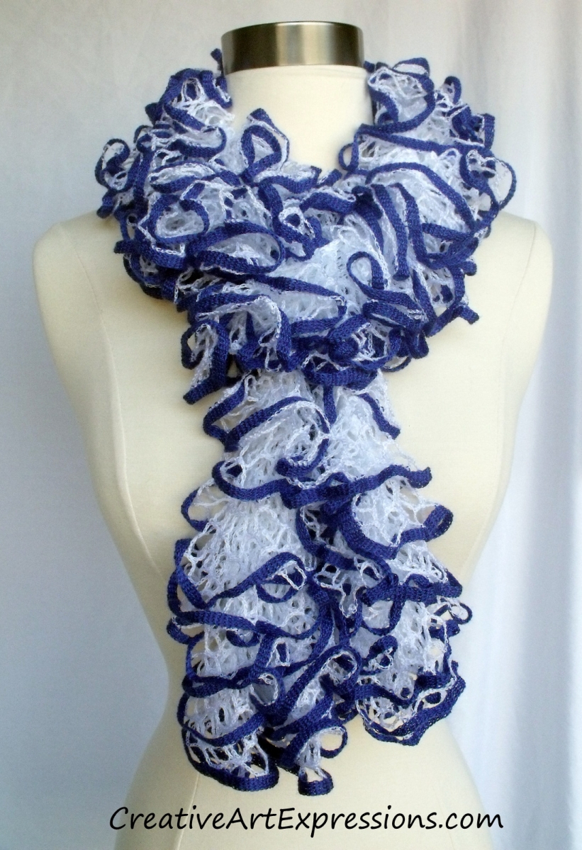 Creative Art Expressions Hand Knit Blue & White Ruffle Scarf