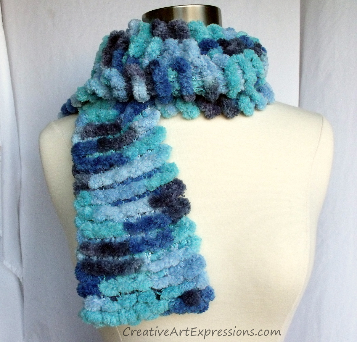 Creative Art Expressions Hand Knit Blue Skies Pom Pom Scarf