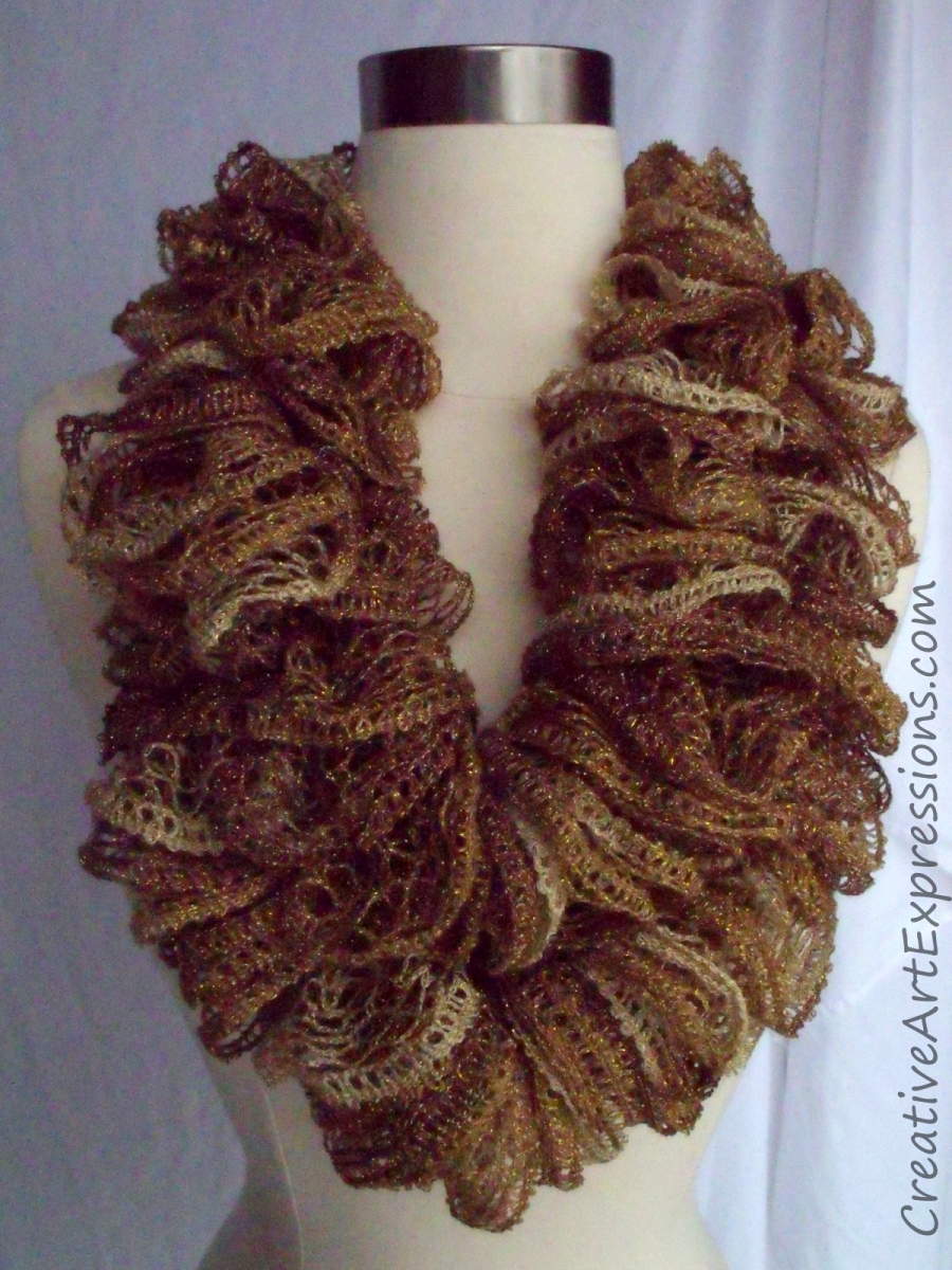 Creative Art Expressions Hand Knit Gold Metallic Ruffle Scarf