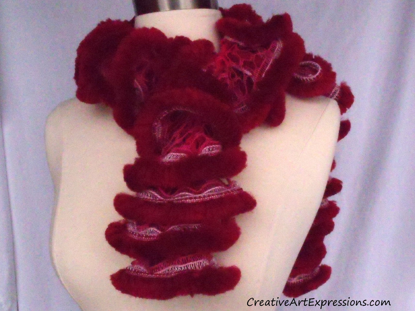 Creative Art Expressions Hand Knit Furry Red Ruffle Scarf 44