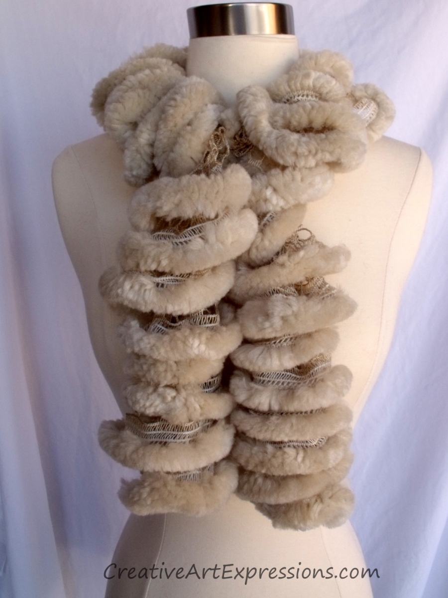 Creative Art Expressions Hand Knit Furry Beige Ruffle Scarf