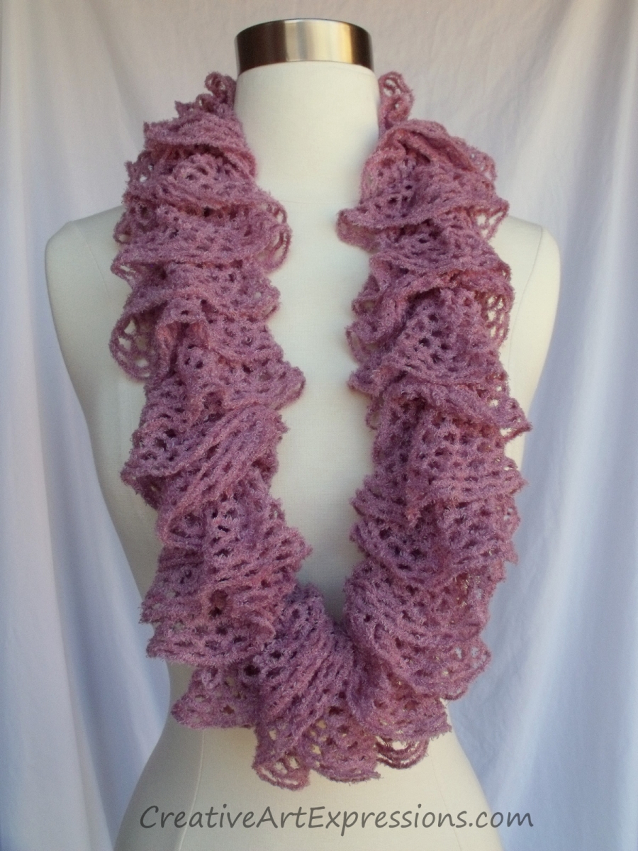 Creative Art Expressions Hand Knit Mauve Frill Lace Soft Ruffle Scarf