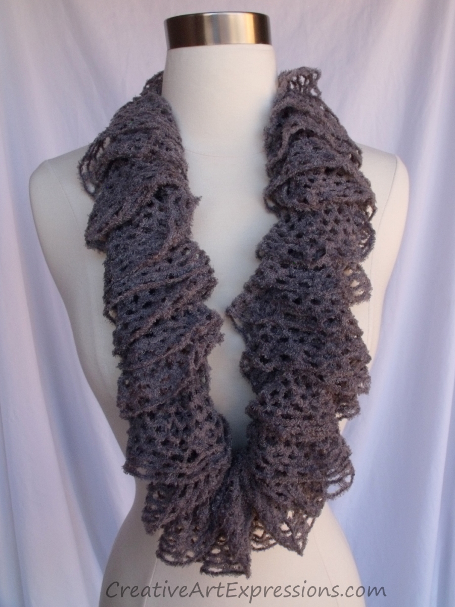 Creative Art Expressions Hand Knit Gray Frill Lace Soft Ruffle Scarf