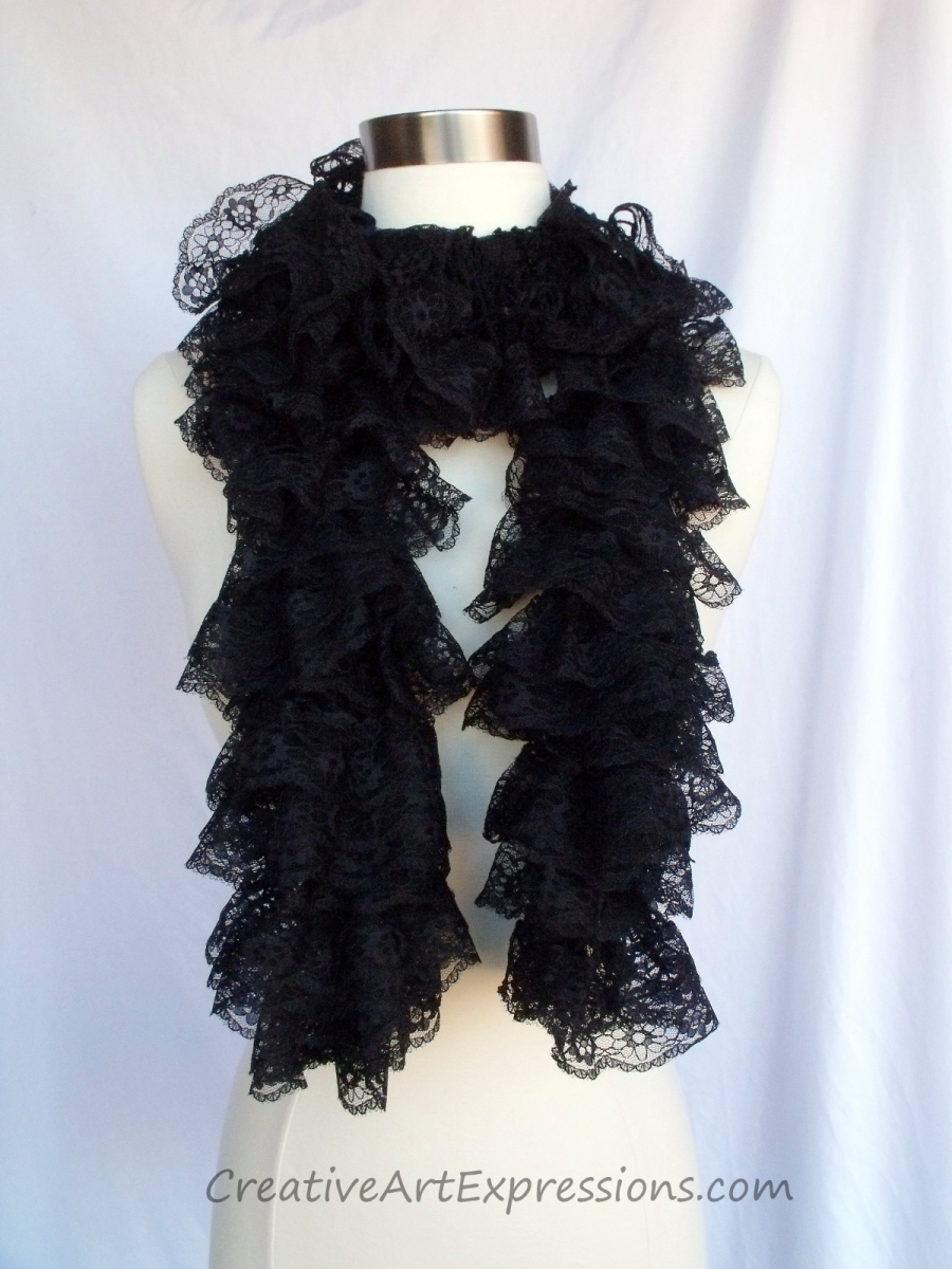 Creative Art Expressions Hand Knit Black Lace Ruffle Scarf 