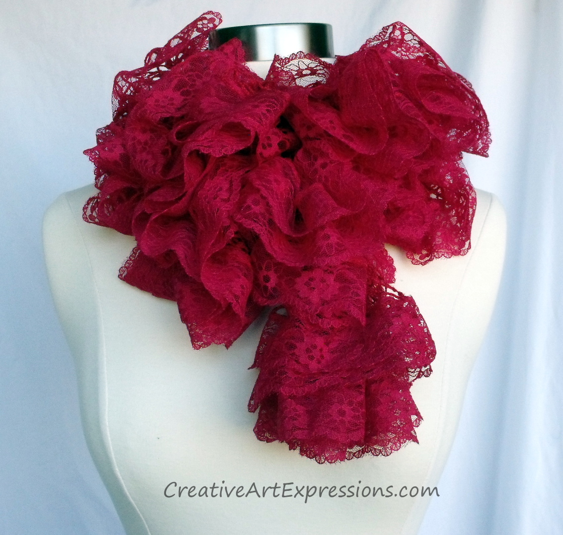 Creative Art Expressions Hand Knit Red Lace Ruffle Scarf