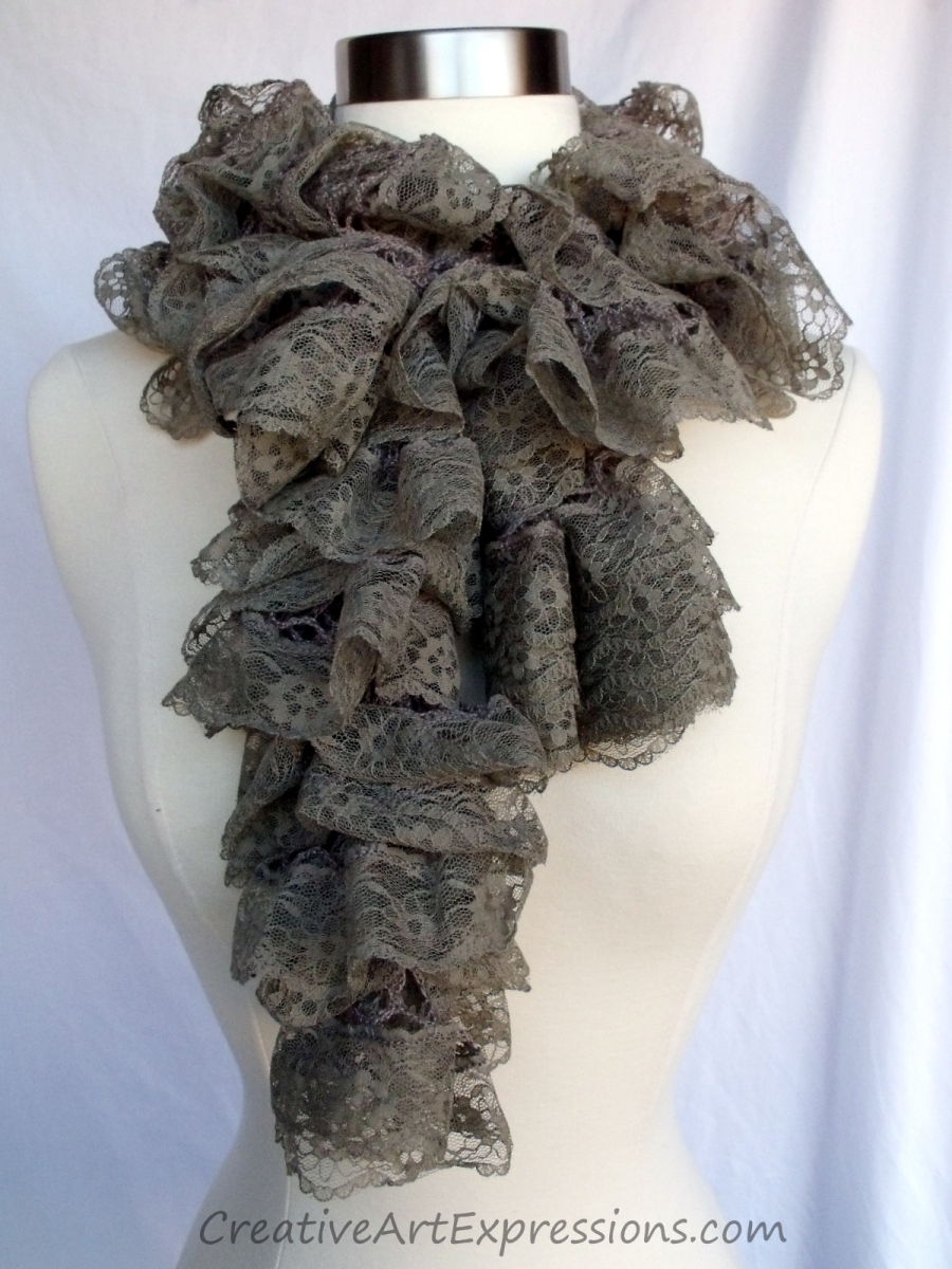 Creative Art Expressions Hand Knit Stone Lace Ruffle Scarf