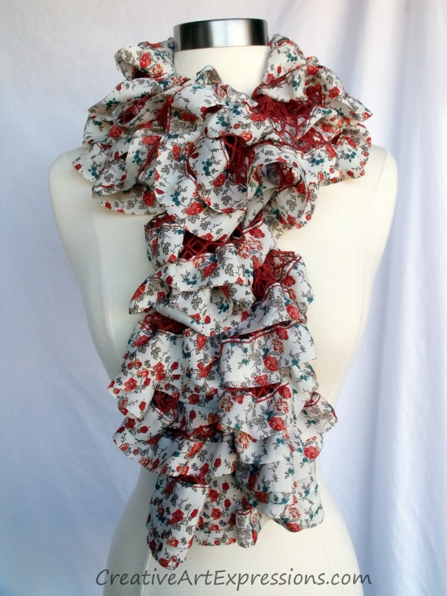 Creative Art Expressions Hand Knit Orient Fabric Lined Ruffle Scarf