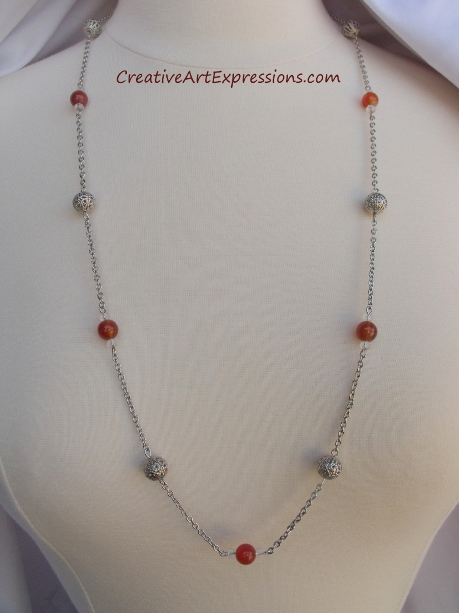 Creative Art Expressions Handmade Red Agate & Silver Prayer Beads Necklace Jewelry Design