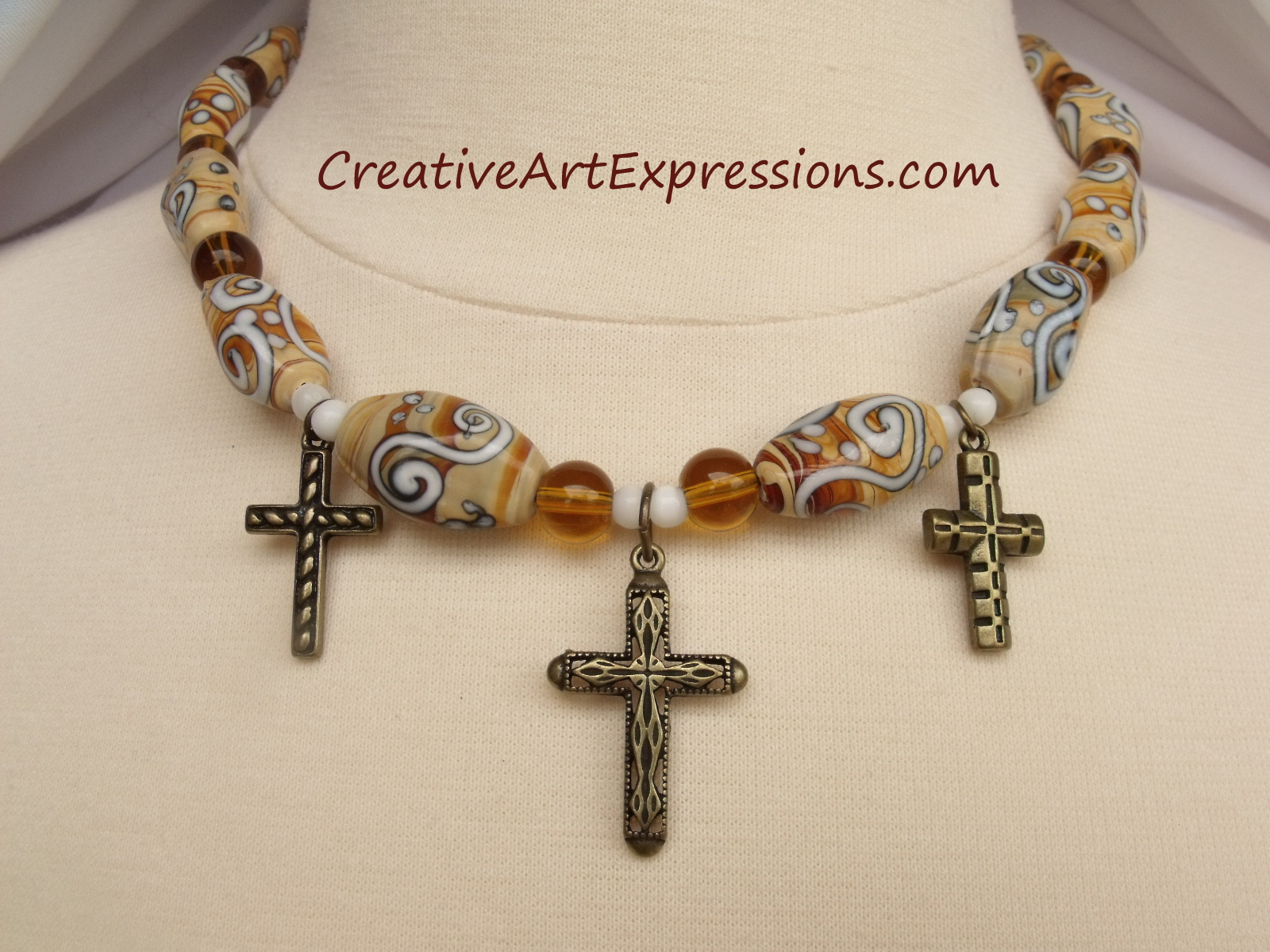 Creative Art Expressions Handmade Mahogany Cross Prayer Beads Necklace Jewelry Design