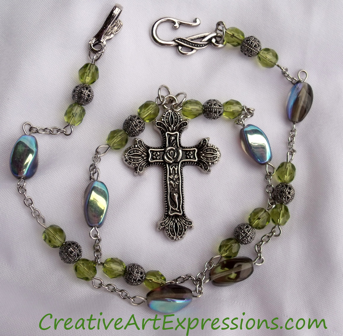Creative Art Expressions Handmade Green & Silver Prayer Beads Necklace Jewelry Design