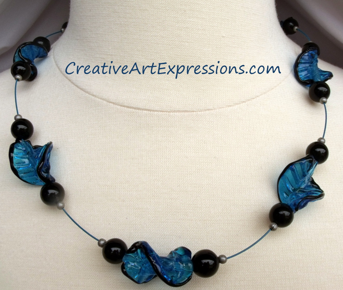 Creative Art Expressions Handmade Blue Leaf Prayer Beads Necklace Jewelry Design