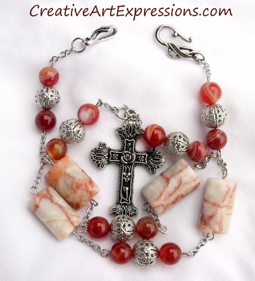 Creative Art Expressions Handmade Red Agate & Marble Prayer Beads Necklace Jewelry Design