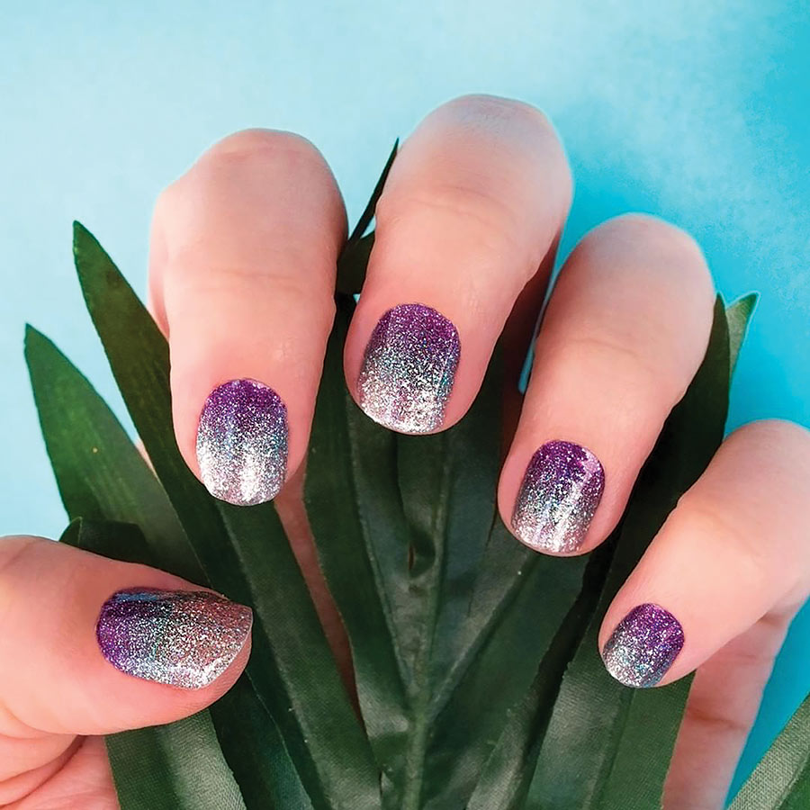 Pacific Waters nail polish strips in Purple Blue & Silver Glitter